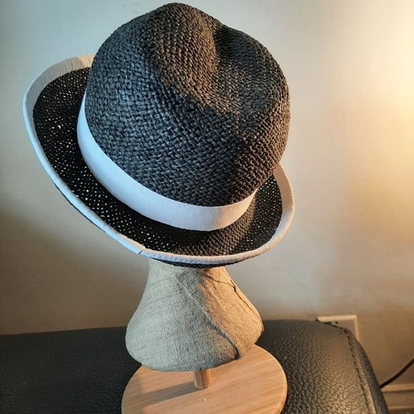 HOLT RENFREW Italy Black Paper White trim Rimmed Ladies Sun Hat 21.5" - Picture 4 of 5